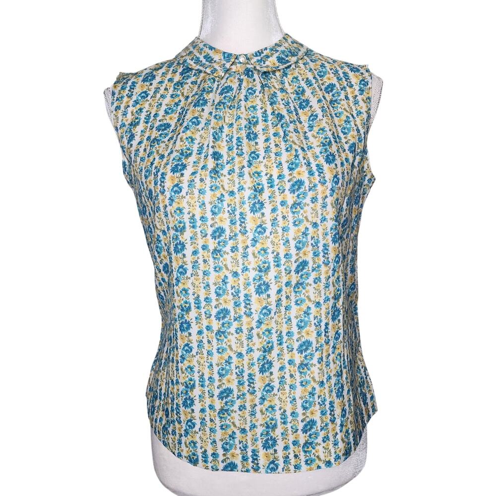 Vintage Retro Blue Floral Sleeveless Shirt Cottage Style Size Small